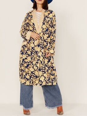 Free People Blue Combo Wild Nights Floral Print Long Sleeve Kimomo Duster Medium